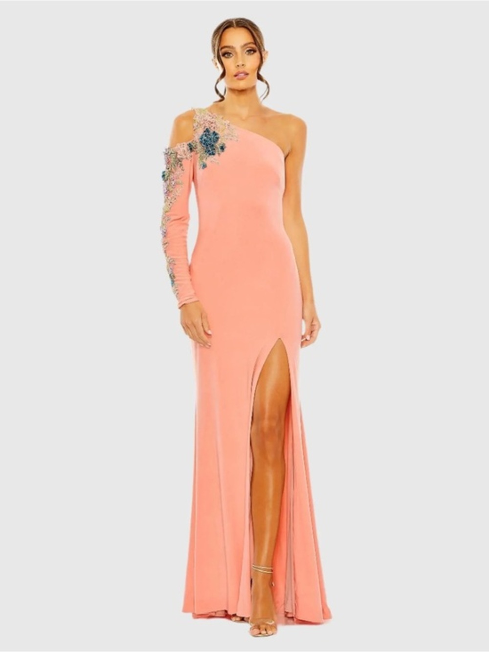 IEENA MAC DUGGAL One-Shoulder Peach Evening Gown with Embroidered Sleeve Sz: 4